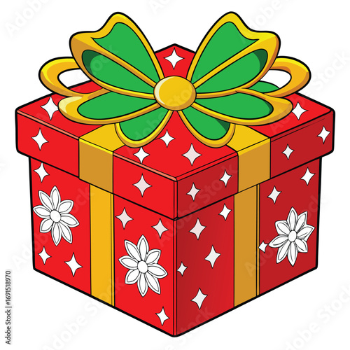 A colorful red gift box decorated with white flowers and stars features a green bow