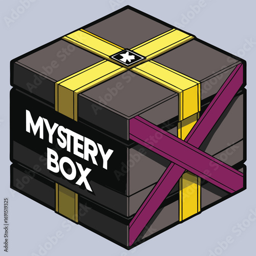 Isometric cube presents mystery box sealed by purple and yellow ribbons against gray backdrop
