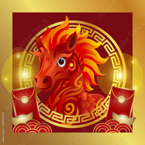 Happy Chinese New Year 2026 greetings with red horse head and gold circle