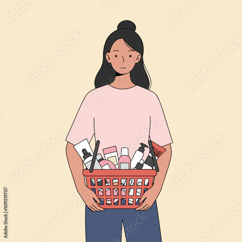Young woman holding basket full of beauty products in casual attire  
