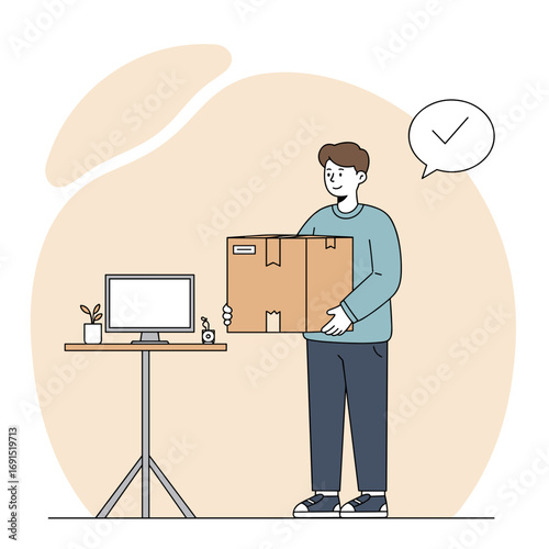 Teenager holding parcel from online shop while standing by desk