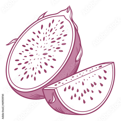 Dragon Fruit Halved and Sliced Illustration.