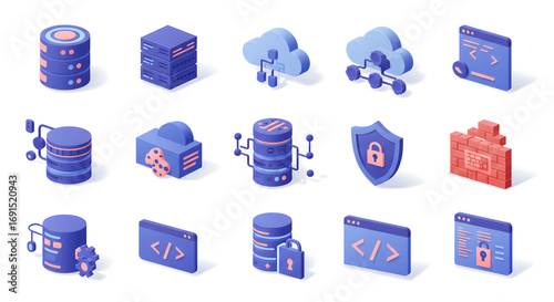 Essential isometric icons for modern data management, cloud computing infrastructure, cybersecurity solutions, and software development processes, perfect for digital projects