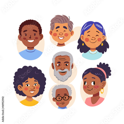 Diverse faces of African and Latin American people. Character set. Human Avatars Collection. Multi-ethnic Happy emotions. Men and women, grandparents and girls. Hand drawn sketch for app icons See Les