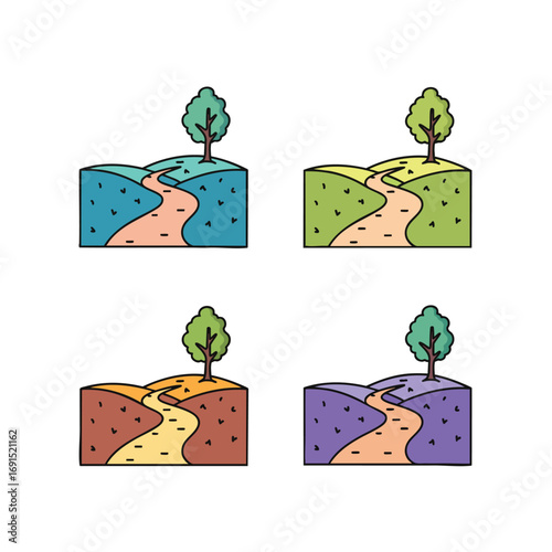 A collection of four stylized landscape icons representing different seasons with a winding path and a single tree.