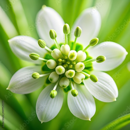 Delicate white flower with green stamens and petals detailed close-up nature photography
