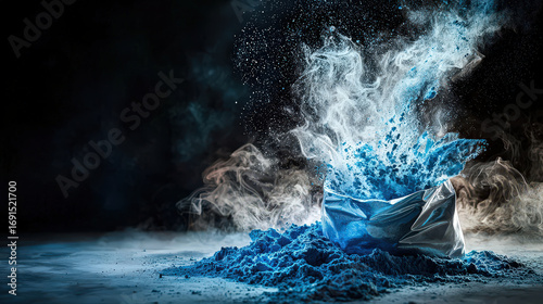 Bag of glowing blue powder bursts open, creating mesmerizing cloud of color and smoke against dark background, evoking sense of wonder