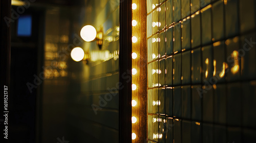 Bathroom mirror with LED lights reflects stylish ambiance, enhancing modern decor and illuminating tiled walls