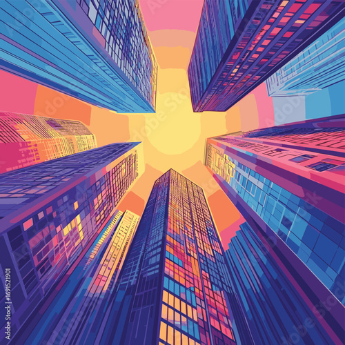 Illustrate a vibrant corporate finance theme featuring towering skyscrapers reaching upwards, symbolizing growth and ambition within a dynamic cityscape