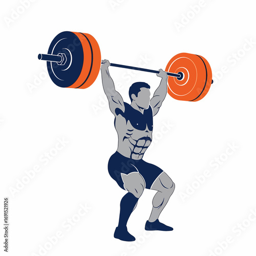 Dynamic vector illustration of a strong man performing an overhead barbell lift, symbolizing strength and athletic achievement