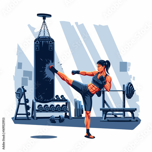 An illustration of a fit woman powerfully kicking a punching bag in a gym