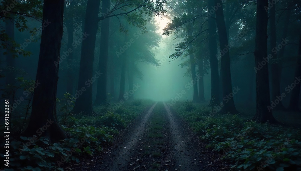 Obraz premium Mysterious Forest Path Winding Road Through Misty Shadows, Perfect for Thriller, Horror, and Mystery Projects. Eerie Atmosphere, Suspenseful Scene.