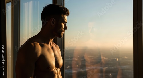 Young Shirtless Man Standing by Window Reflecting in Sunset Light in Modern Apartment