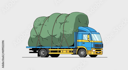 Blue flatbed truck carrying a large cargo load, secured with green netting and ropes, ready for transport
