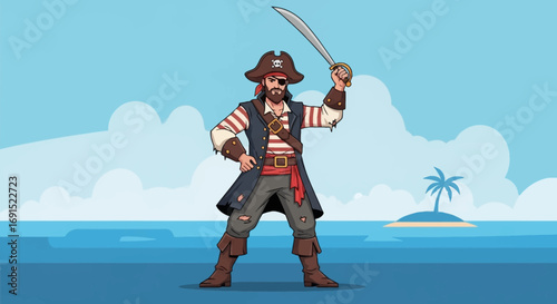 Adventurous Pirate Character with Sword and Eyepatch, Standing Confidently on a Tropical Island Background