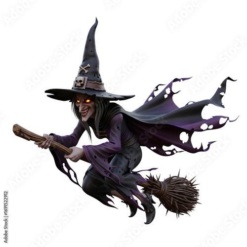 Spooky witch flying on broomstick with flowing cape isolated on white background - - Halloween Witch Flying on Broom