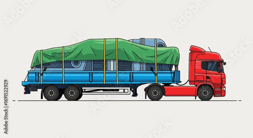 Heavy-duty semi-truck with a flatbed trailer transporting oversized industrial equipment covered by a protective tarp
