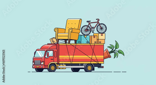 Detailed flat design illustration of a vibrant red moving truck, fully loaded with diverse household items, symbolizing the journey of a successful house relocation