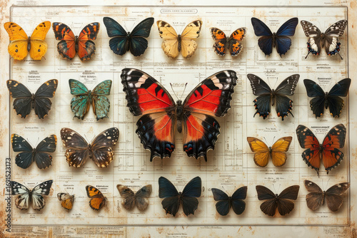 A large display of butterflies on a white board.
