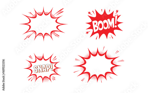 Comic pop art bursts display red halftone textures and words on white background with transparency