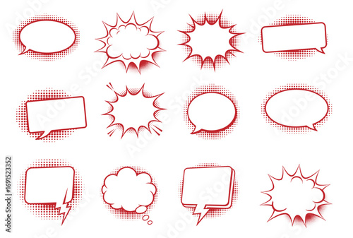 Twelve distinct red comic style bubbles are patterned against a white background with halftone accents
