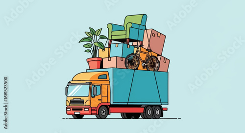 Vibrant illustration of a moving truck heavily loaded with household items and furniture, symbolizing seamless home relocation, efficient delivery, and professional moving services