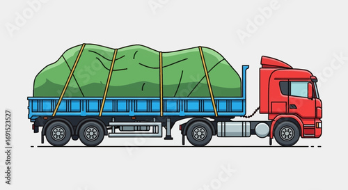 A flat design vector illustration of a red semi-truck with a trailer carrying a secured cargo load, representing the transportation and freight industry