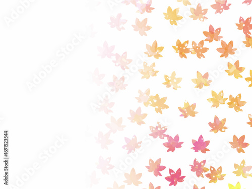 モミジの紅葉イメージの背景素材。水彩風テクスチャー。葉っぱのシルエット。かわいい色調。光の粒子や水滴の輝き。コピースペース
