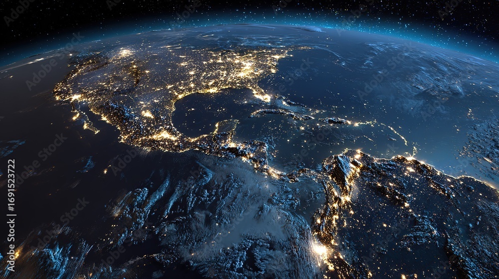Fototapeta premium Panoramic view of Earth from space—highlights Americas (central, eastern) with glowing city lights, dark blue background contrasts bright urban areas; close-up on Central America & Mexico border