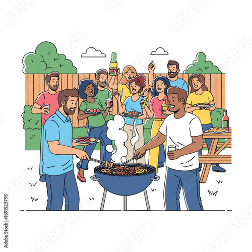 A diverse group of happy friends enjoying a summer barbecue party in a backyard illustration.