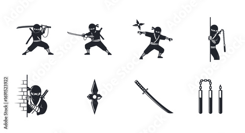 Ninja Warriors and Weapons Collection Dynamic Poses and Combat Gear Illustrations