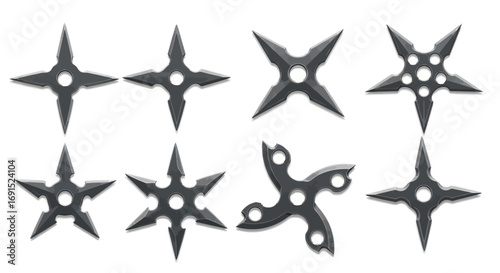 Collection of eight throwing stars in various shapes and sizes on a white background