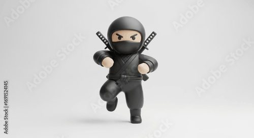 3D Illustration of a Running Ninja Cartoon Character with Two Swords in a White Backdrop
