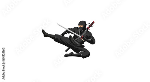 Ninja warrior in action pose wearing traditional black uniform and holding a sword, ready for combat
