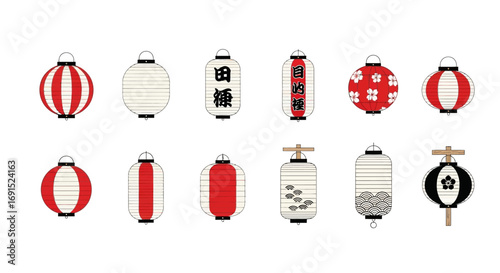 A diverse collection of traditional Japanese paper lanterns, or chochin, in red and white. Vector illustration set isolated on a white background