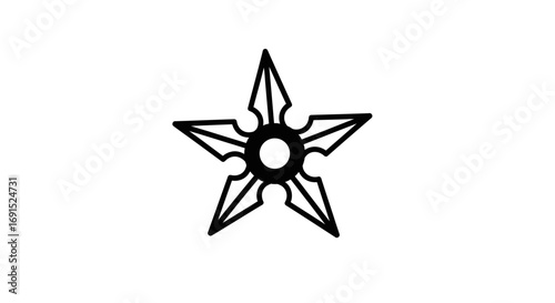 Monochrome vector illustration of a sharp five-pointed geometric star symbol, resembling a ninja shuriken or a magical fantasy charm