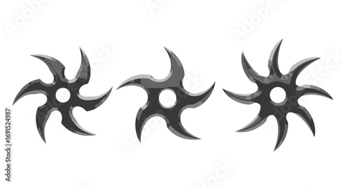 Set of three sharp metallic shuriken ninja throwing stars, traditional Japanese martial arts weapon illustration isolated on white background