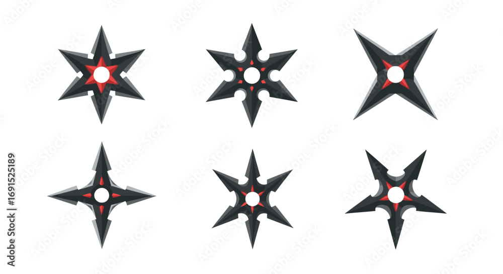 Naklejka premium Assorted collection of traditional Japanese shuriken throwing stars, lethal steel weapons for martial arts practice and combat