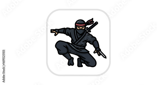 A dynamic illustration of a stealthy ninja in a crouching pose, ready for action with a sword at his side