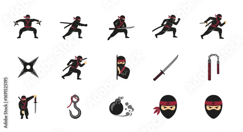 A dynamic collection of flat design ninja icons, illustrating various stealthy warrior poses and traditional martial arts weapons for action-themed graphic projects