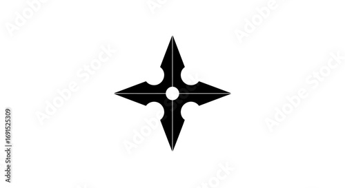A sharp, four-pointed black throwing star, a classic symbol of traditional martial arts and stealth, often associated with ninja culture, presented as a clean graphic element on a white background