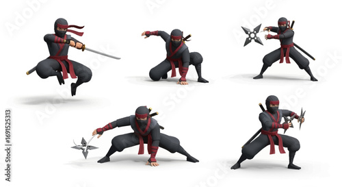 Six dynamic illustrations of ninjas in various combat poses wielding traditional weapons like swords and shurikens, perfect for martial arts or action-themed designs