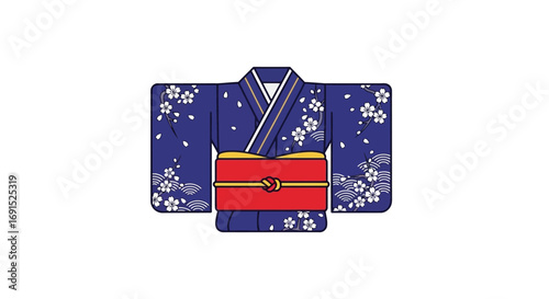 Elegant Japanese yukata or kimono illustration in blue with a floral design and red sash. Vector graphic of traditional Asian attire on a white background