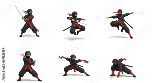 Ninja warrior poses set with swords, martial arts action, dramatic stances for combat and training