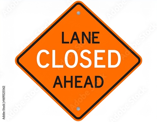 Vibrant orange diamond road sign alerting drivers to a lane closure ahead, ideal for construction and traffic management notifications