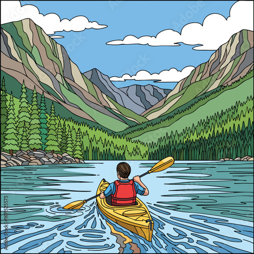 A lone kayaker paddling a yellow boat on a serene lake surrounded by majestic mountains.