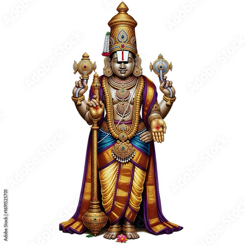 Lord Venkateswara Balaji standing pose with crown on white background
