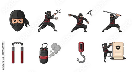 Set of Japanese ninja warrior vector icons with shinobi in action poses and traditional assassin equipment