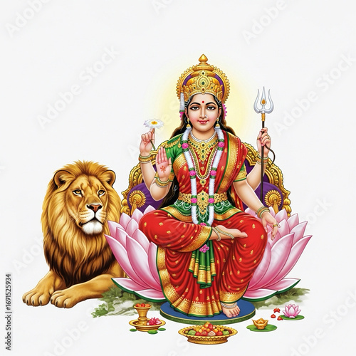 Mata Vaishno Devi sitting with lion on plain white background