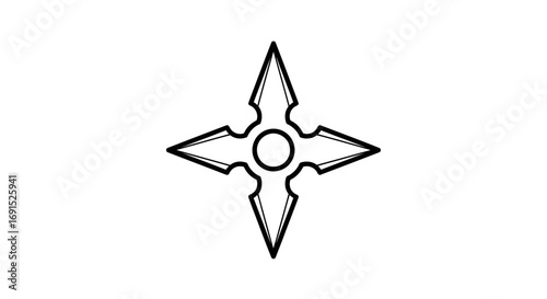 Simple black and white line art of a traditional Japanese shuriken, a four-pointed ninja throwing star weapon, isolated vector icon
